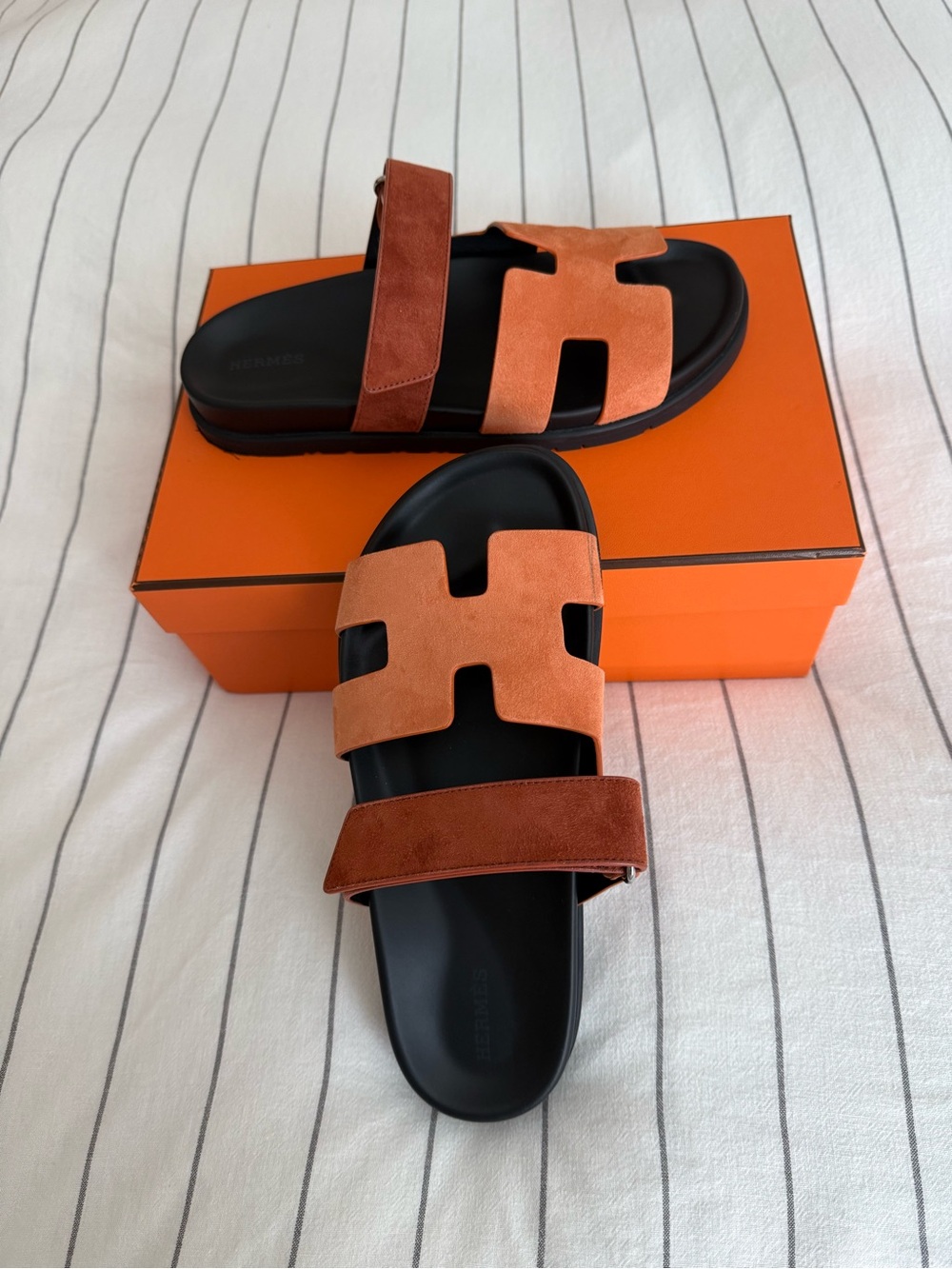 Hemes Chypre Suede Slide Sandals in Orange/ Tan with H Cut Straps Sz 39.5